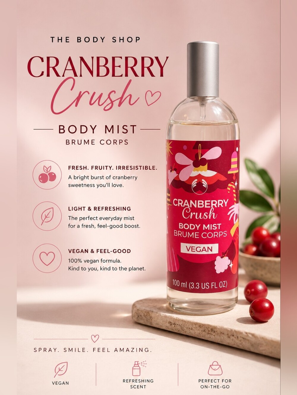 The Body Shop - Cranberry Crush Body Mist - Vegan, Red